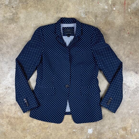 J.Crew Regent Blazer Women’s Size 4 Navy White Polka Dot Linen Jacket - Picture 2 of 12
